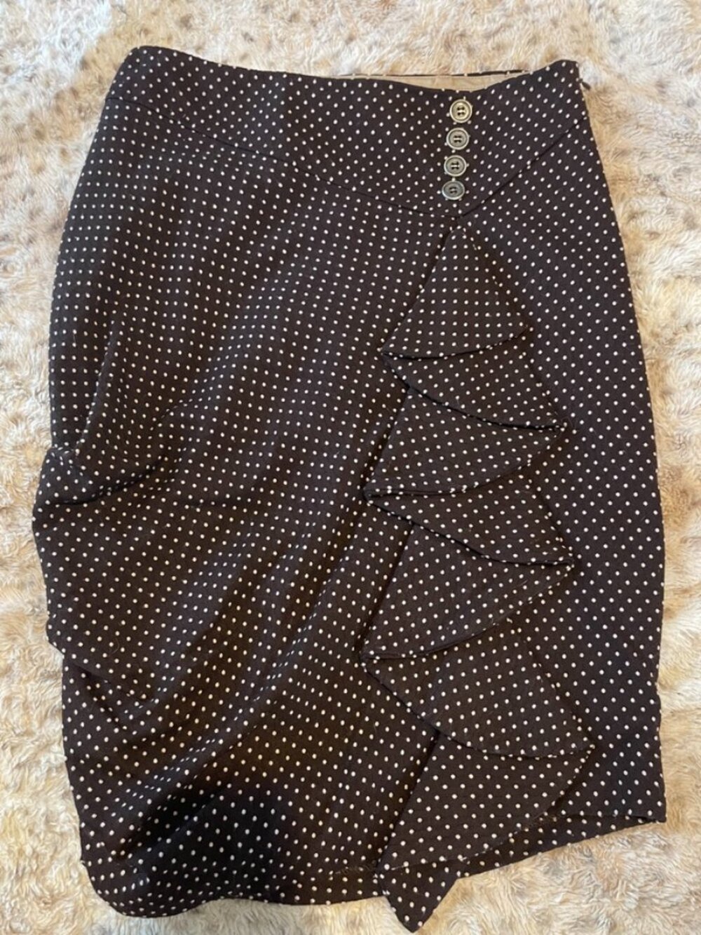 Anthro Eva Franco Chocolate & Pink Asymmetrical Polka Dot Pencil Skirt w/ Ruffle